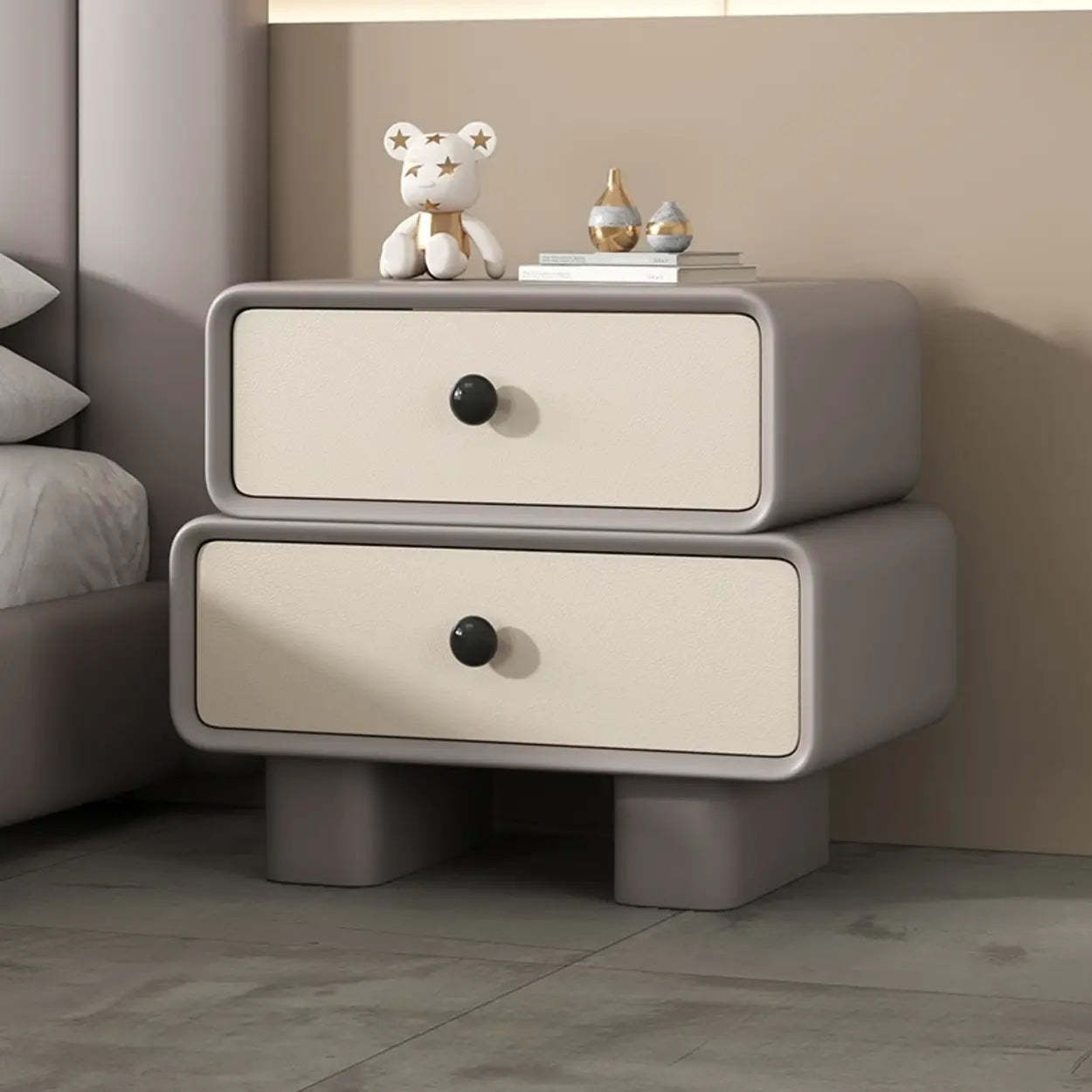Modern Black Cream Leather 2-Tier Nightstand — Off-White