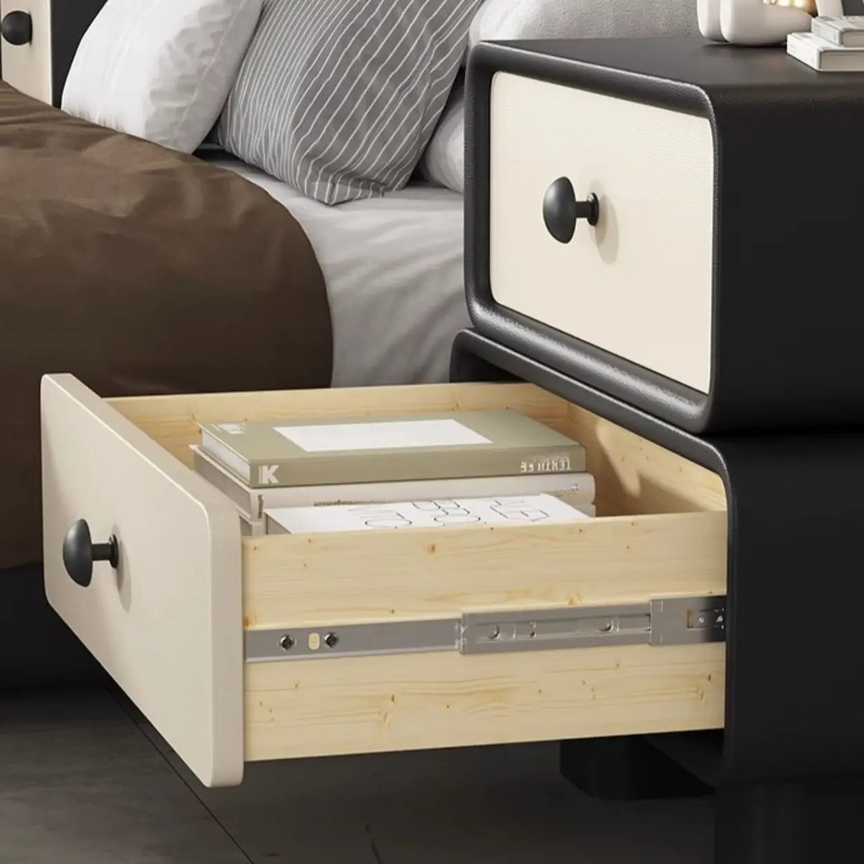 Modern Black Cream Leather 2-Tier Nightstand — Coffee/ Beige