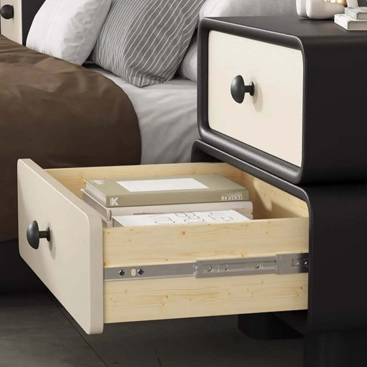 Modern Black Cream Leather 2-Tier Nightstand — Coffee/ Beige