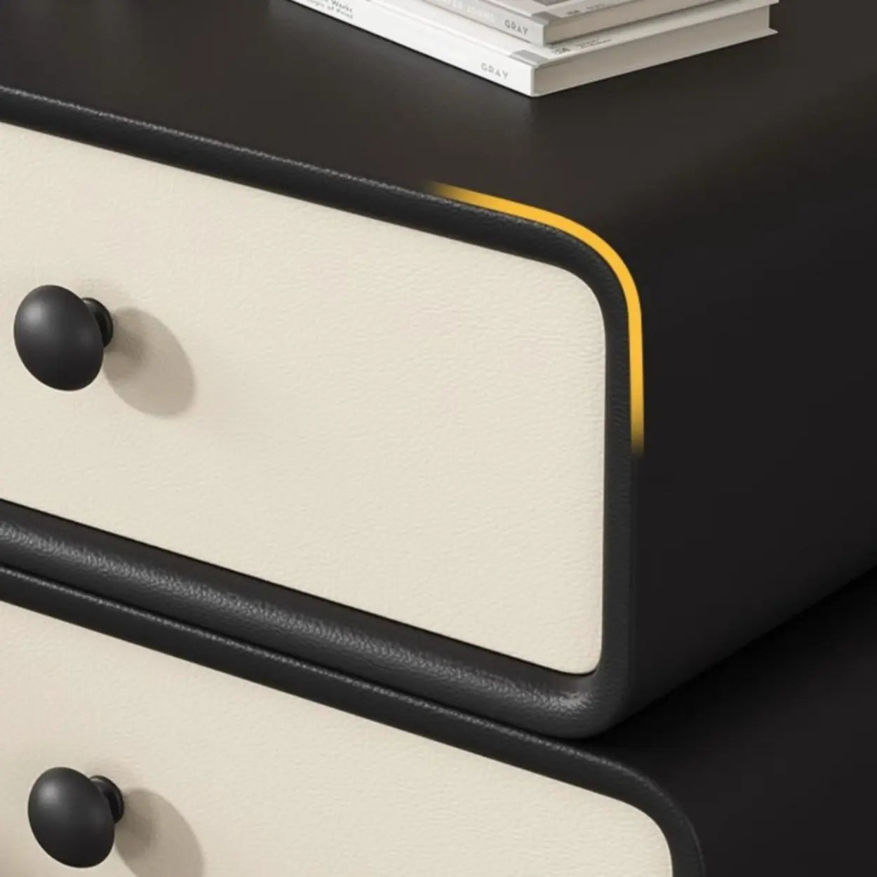 Modern Black Cream Leather 2-Tier Nightstand — Coffee/ Beige