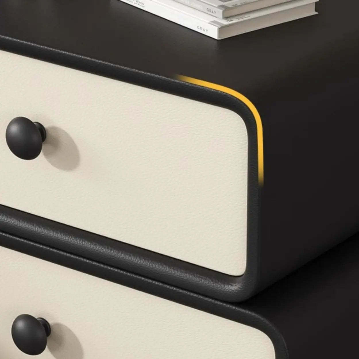Modern Black Cream Leather 2-Tier Nightstand — Coffee/ Beige