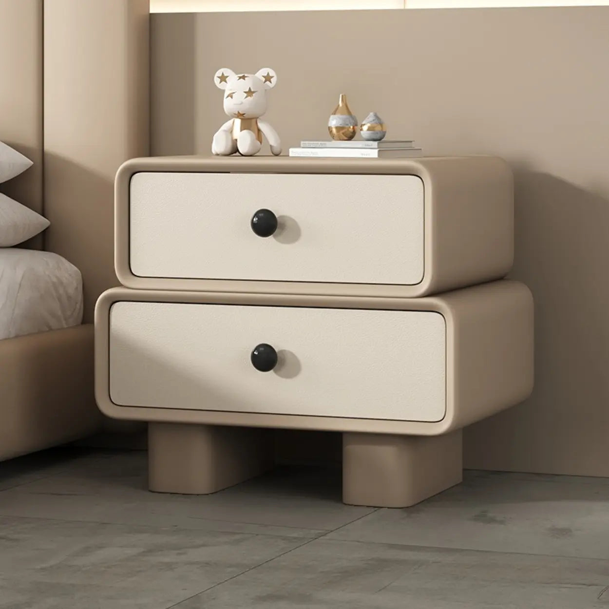 Modern Black Cream Leather 2-Tier Nightstand — Black/ Beige