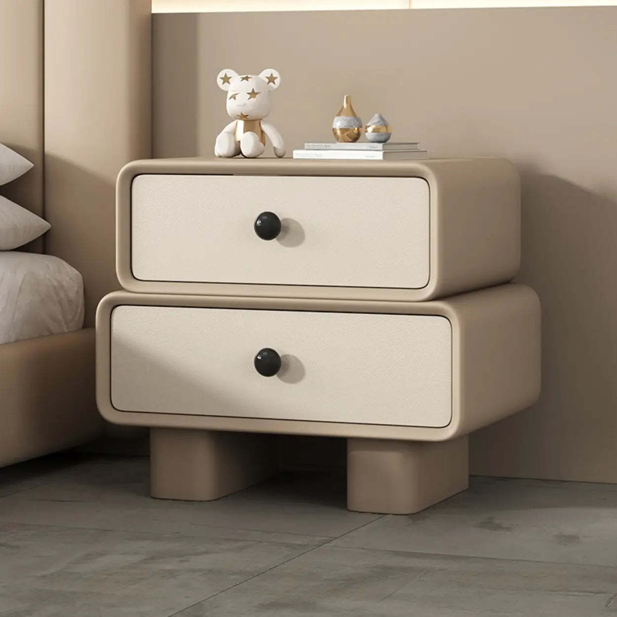 Modern Black Cream Leather 2-Tier Nightstand — Black/ Beige
