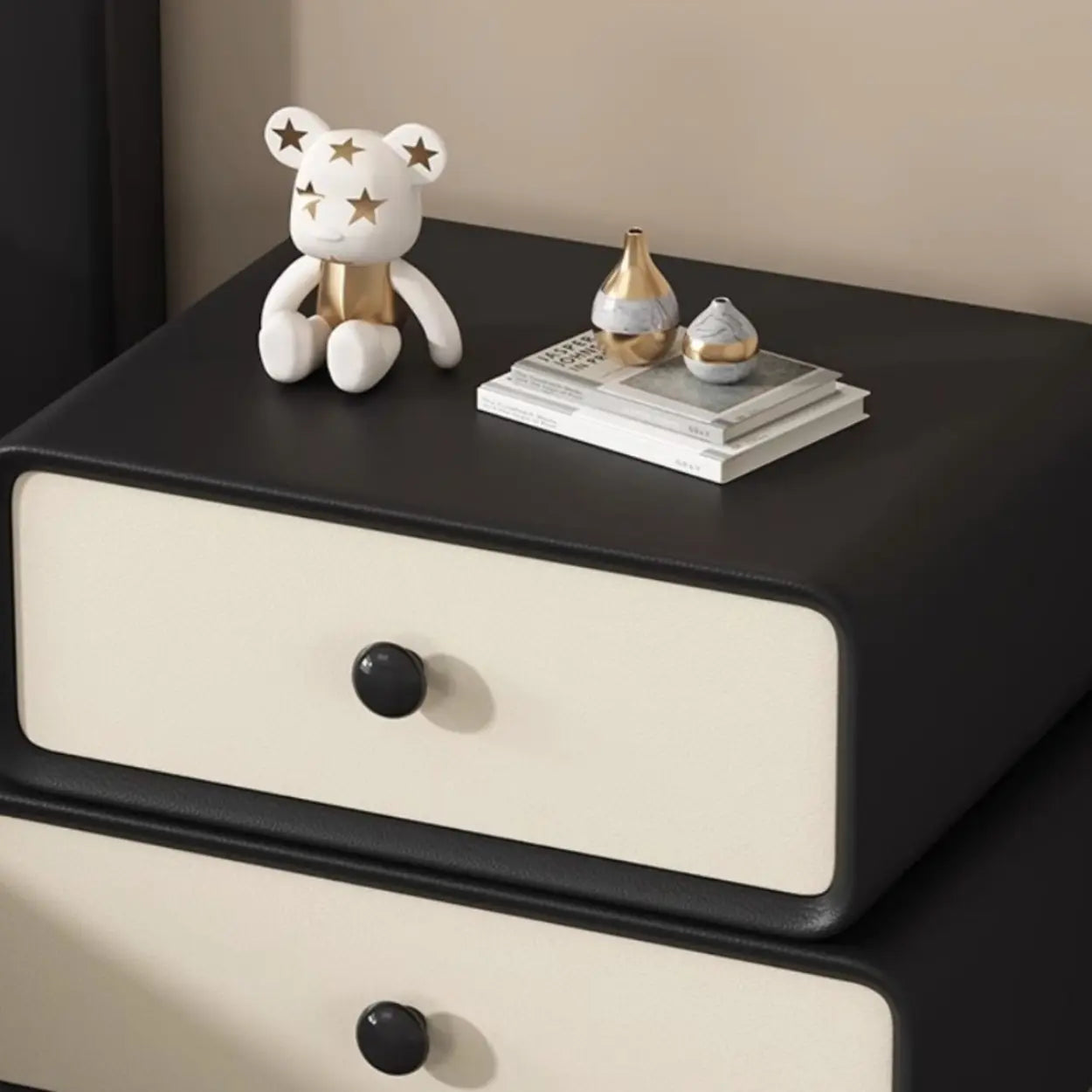 Modern Black Cream Leather 2-Tier Nightstand — Black/ Beige