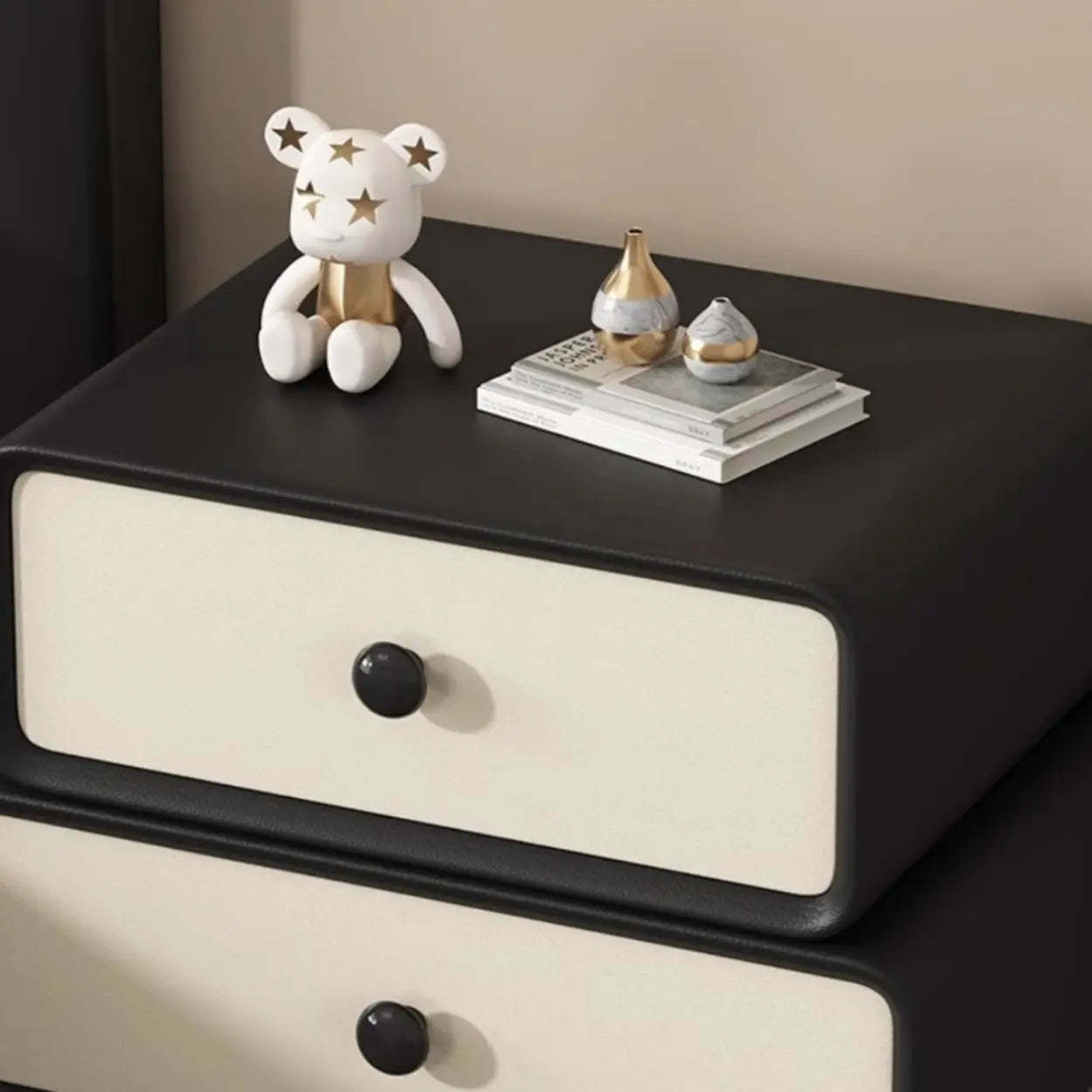 Modern Black Cream Leather 2-Tier Nightstand — Black/ Beige