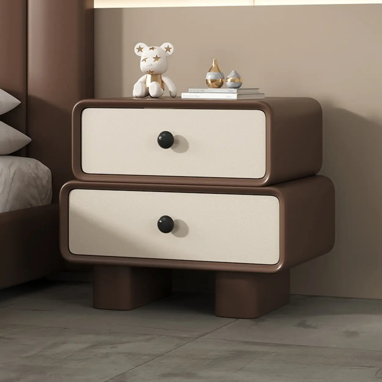 Modern Black Cream Leather 2-Tier Nightstand — Black/ Beige