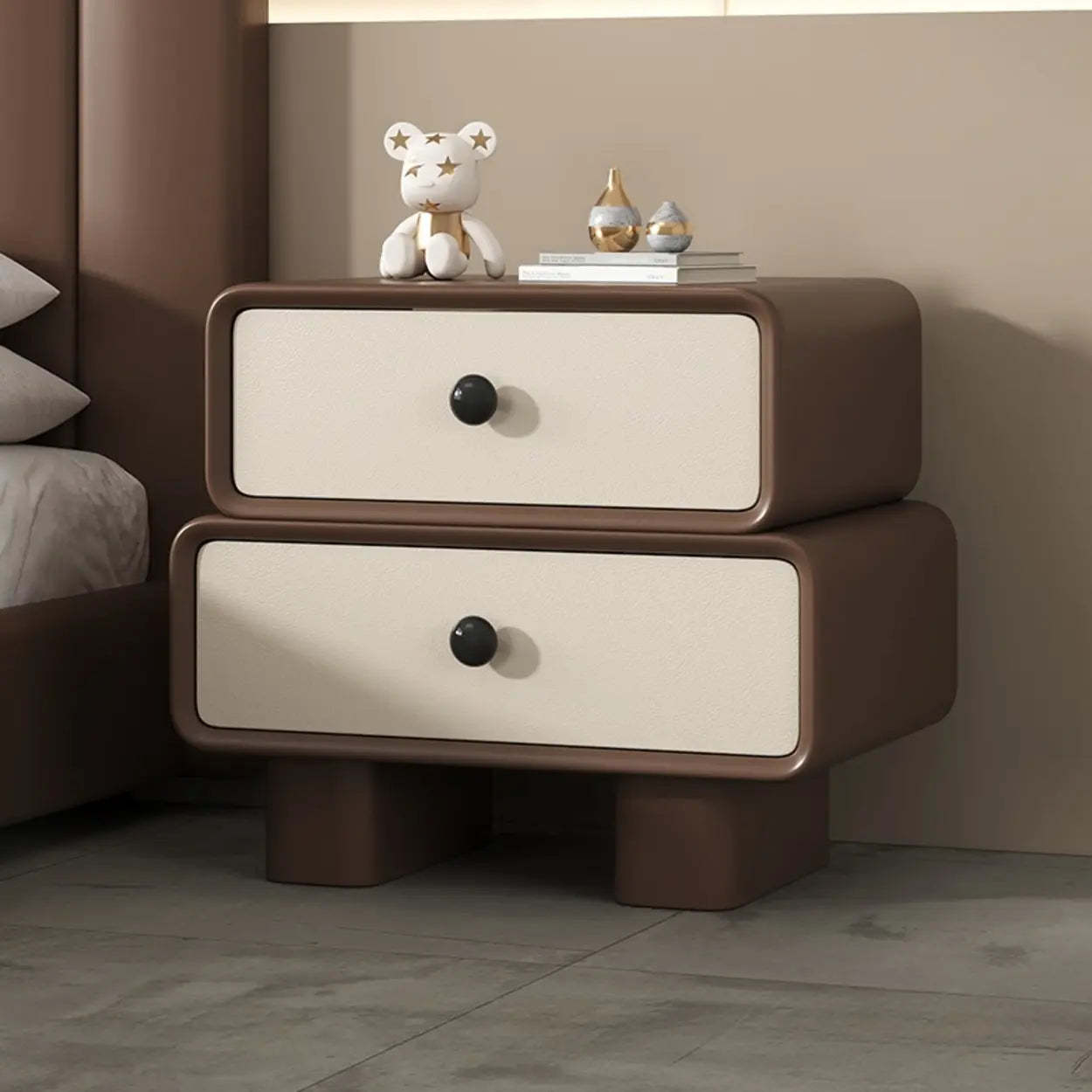 Modern Black Cream Leather 2-Tier Nightstand — Black/ Beige