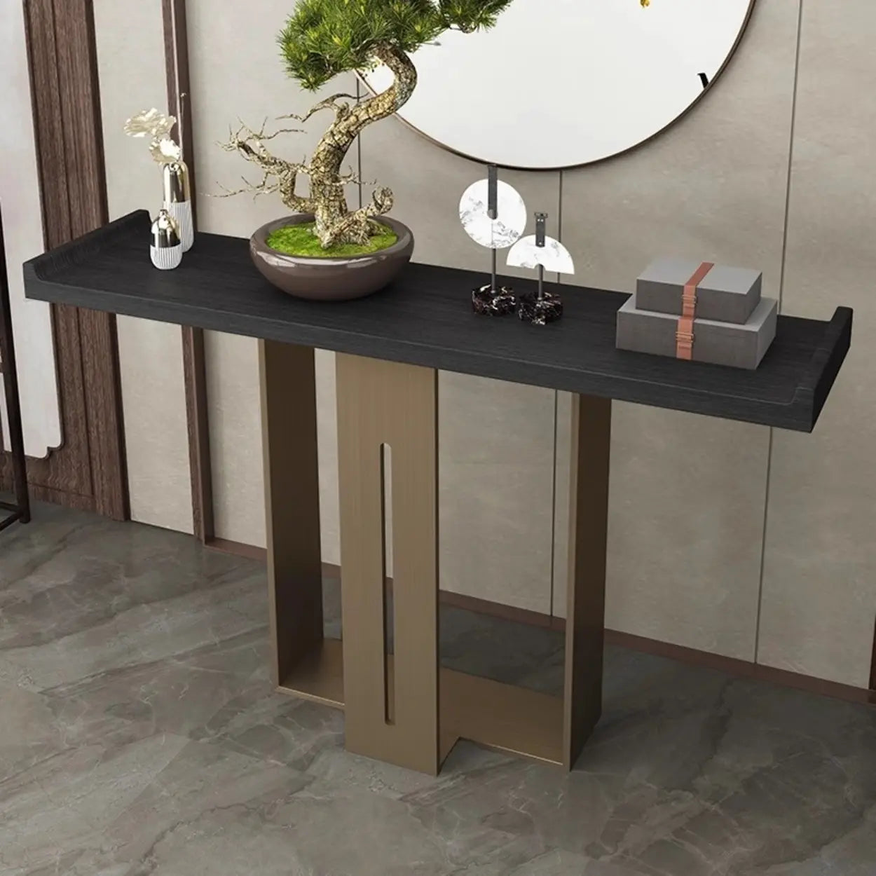 Modern Black Geometric Metal-Base Console Table