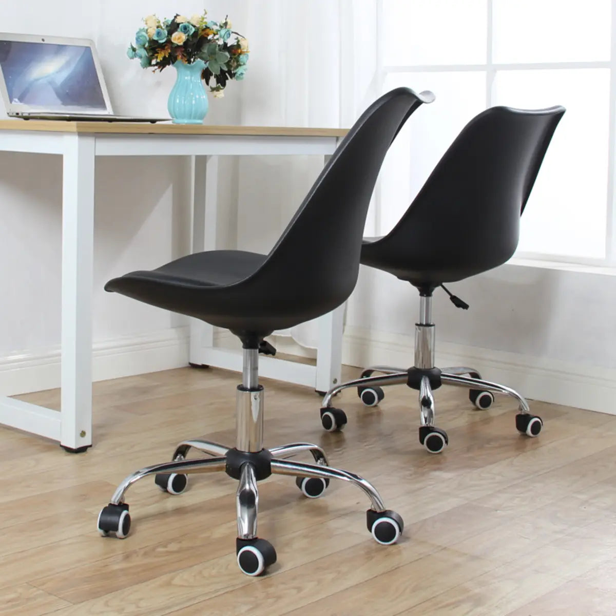 Modern Black Ergonomic Adjustable Stool with Wheels — Linen / Light Blue