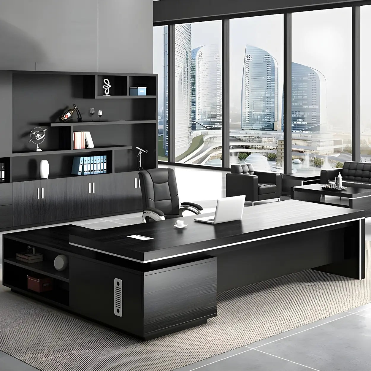 Modern Black Wood L-Shape Executive Desk