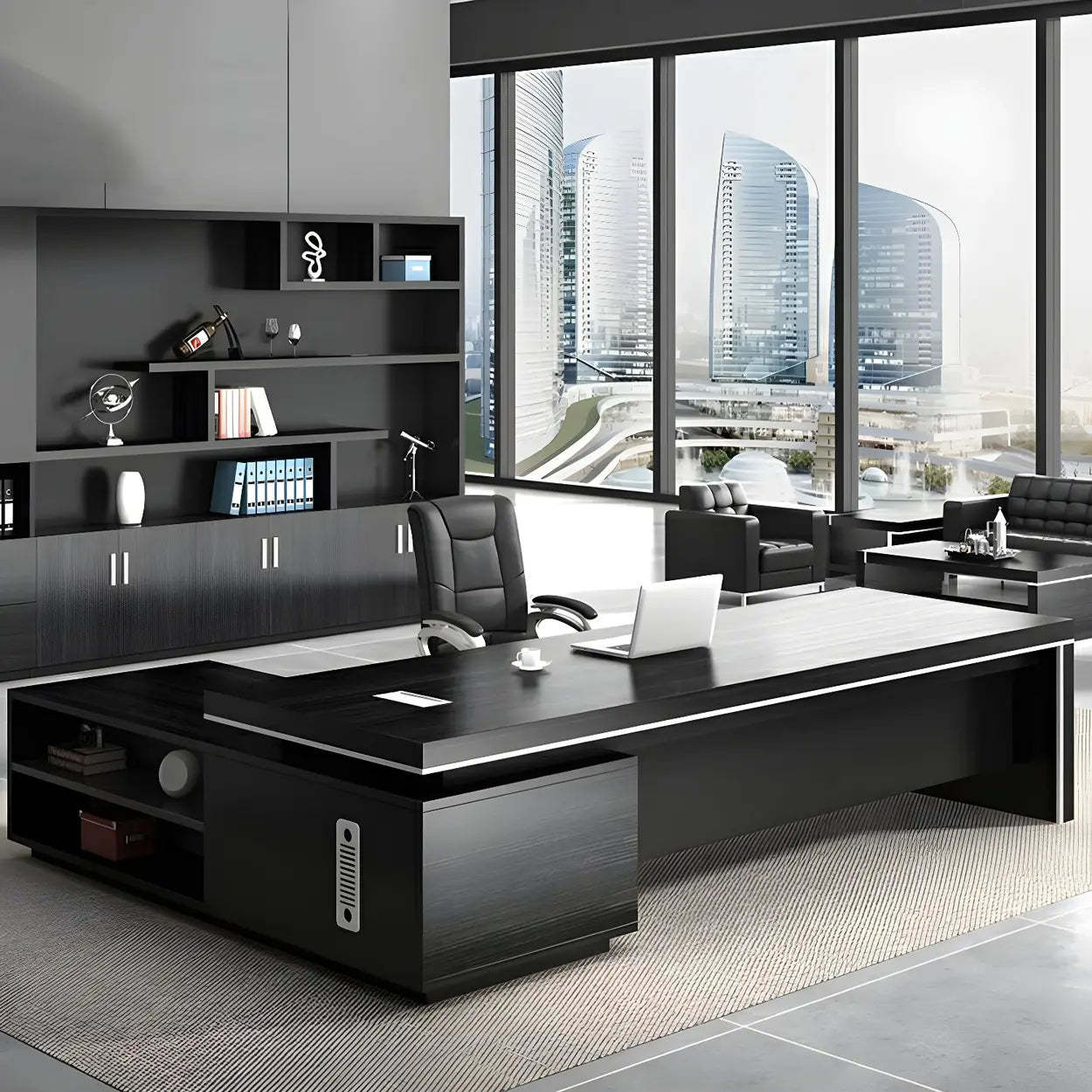 Modern Black Wood L-Shape Executive Desk — Left Hand Return / Table Only