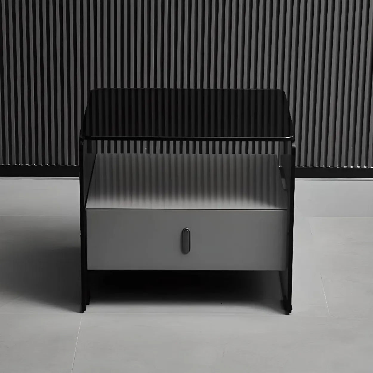Modern Black Glass Nightstand with Drawer — Black