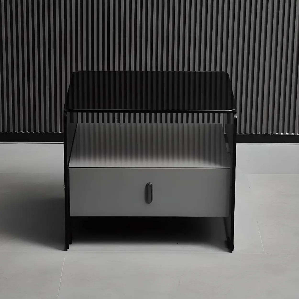 Modern Black Glass Nightstand with Drawer — Black