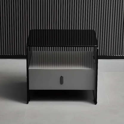 Modern Black Glass Nightstand with Drawer — Black