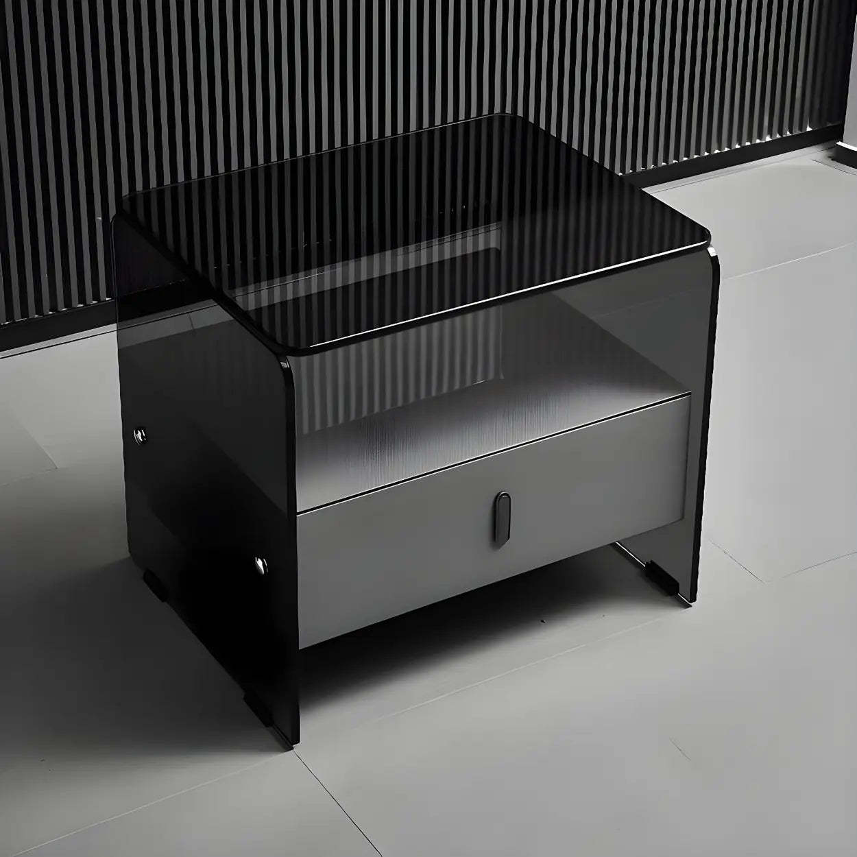 Modern Black Glass Nightstand with Drawer