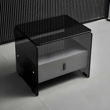 Modern Black Glass Nightstand with Drawer