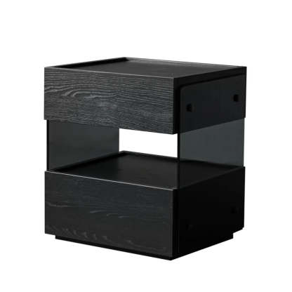 Modern Black Nightstand with Drawer and Open Shelf — Textured Black