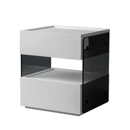 Modern Black Nightstand with Drawer and Open Shelf — Warm White