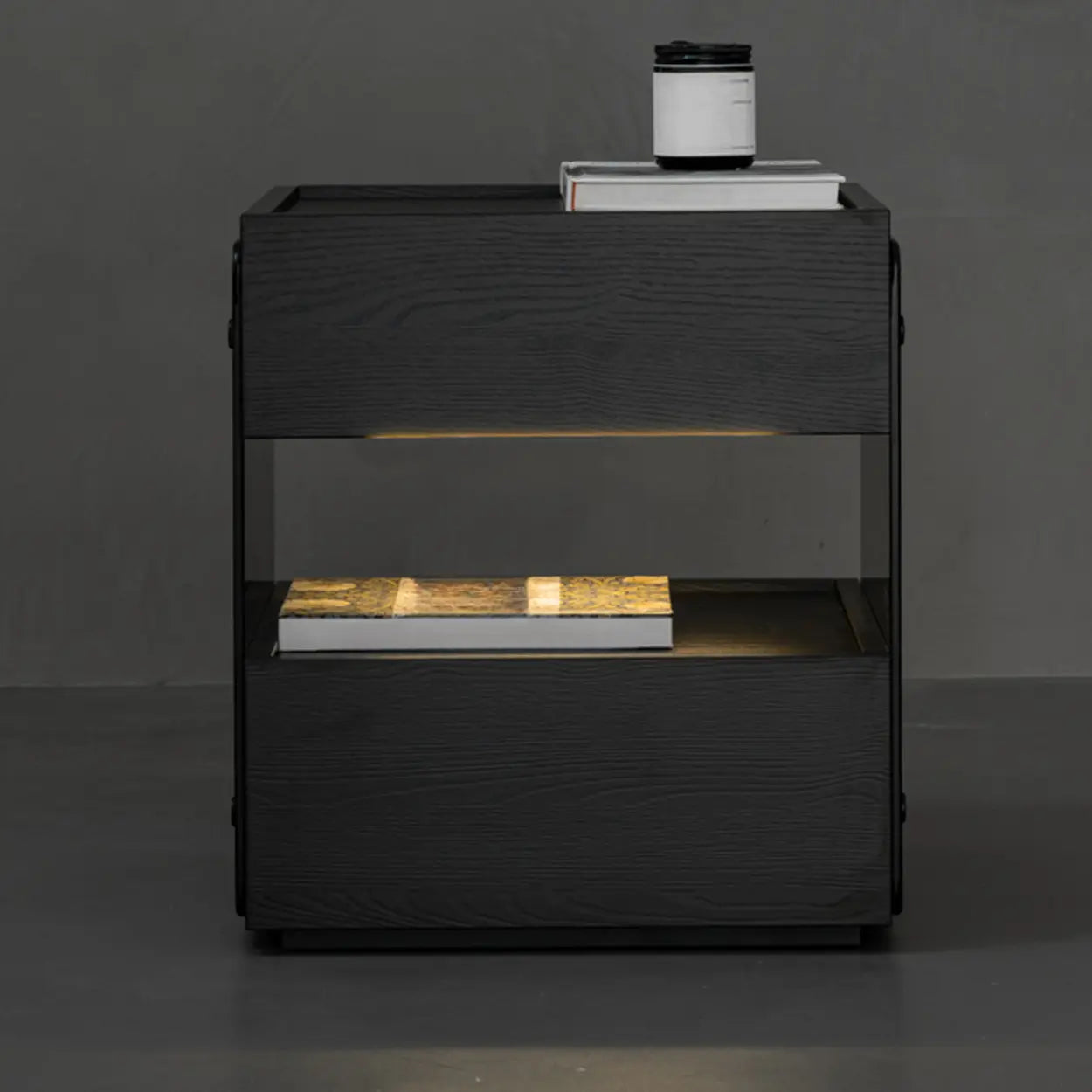 Modern Black Nightstand with Drawer and Open Shelf — Beige