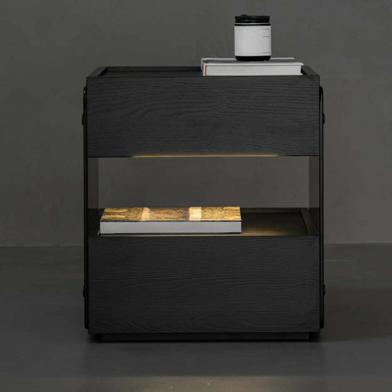 Modern Black Nightstand with Drawer and Open Shelf — Beige