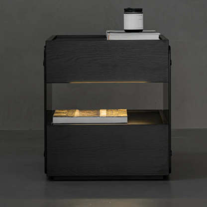 Modern Black Nightstand with Drawer and Open Shelf — Beige