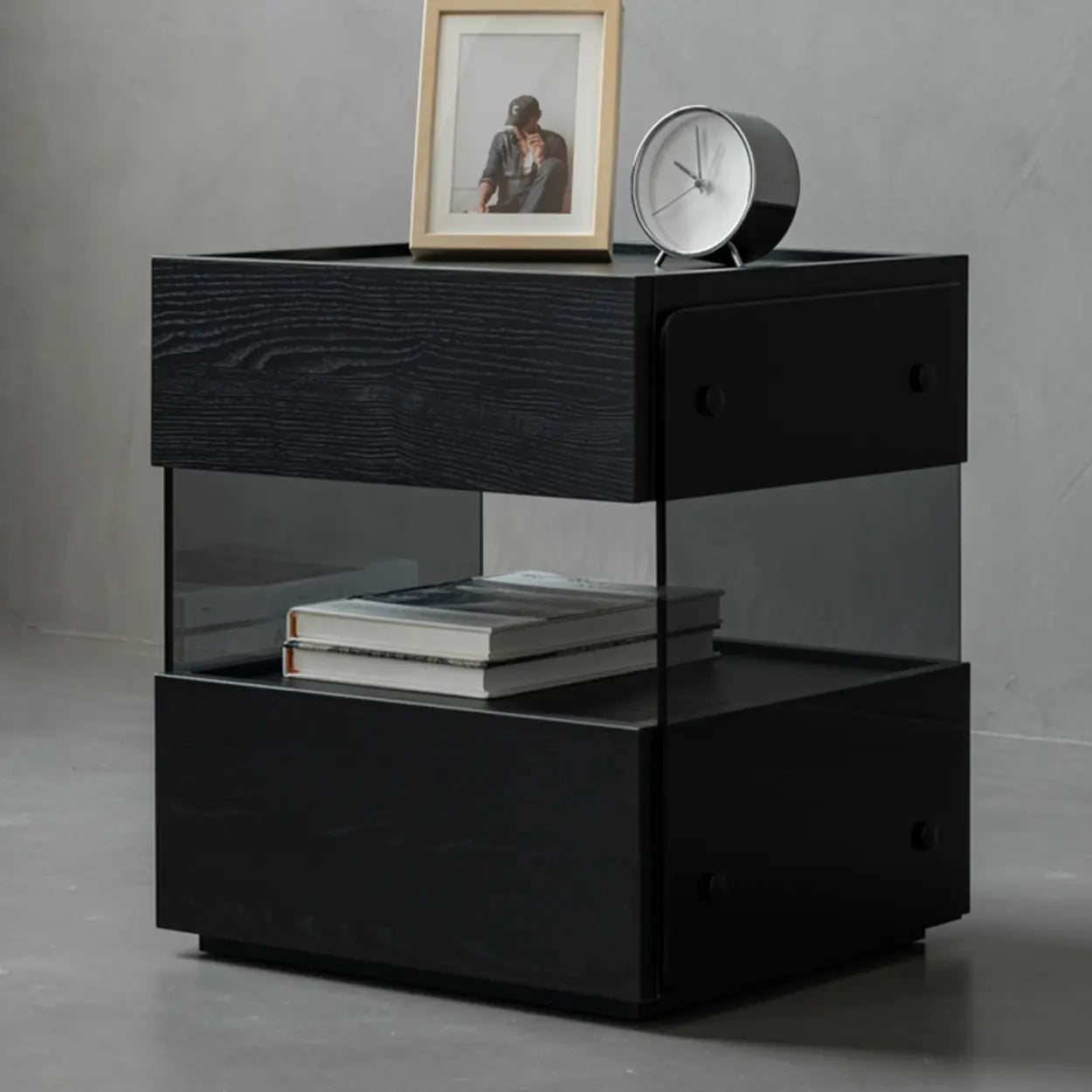 Modern Black Nightstand with Drawer and Open Shelf