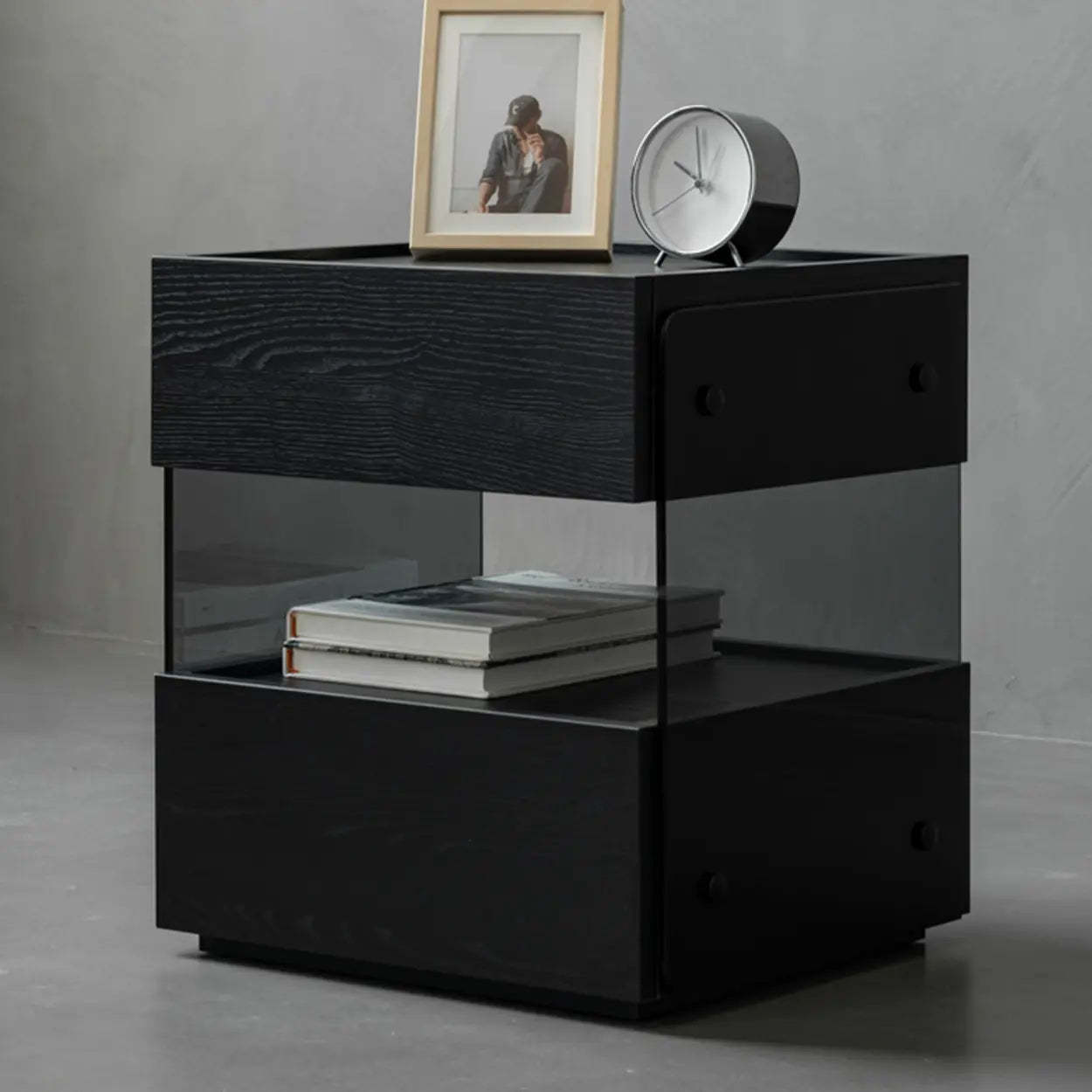 Modern Black Nightstand with Drawer and Open Shelf