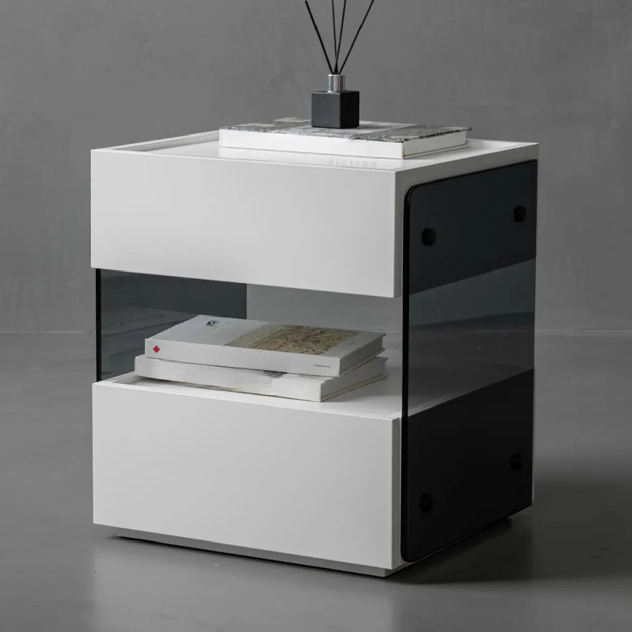 Modern Black Nightstand with Drawer and Open Shelf