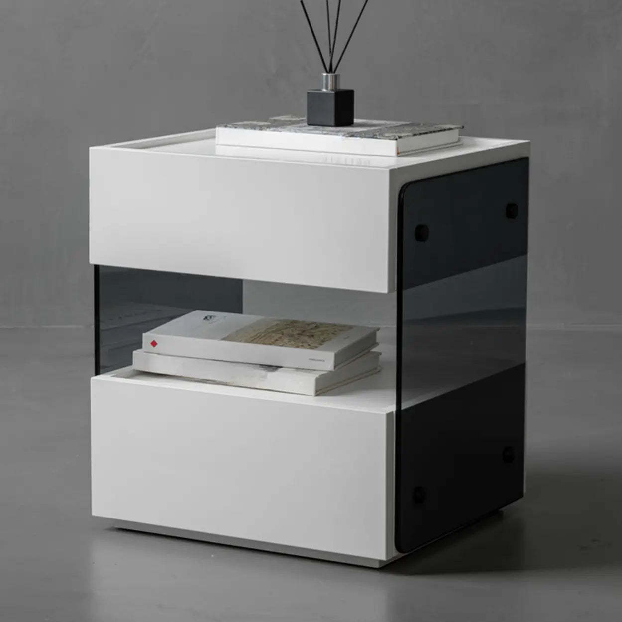 Modern Black Nightstand with Drawer and Open Shelf