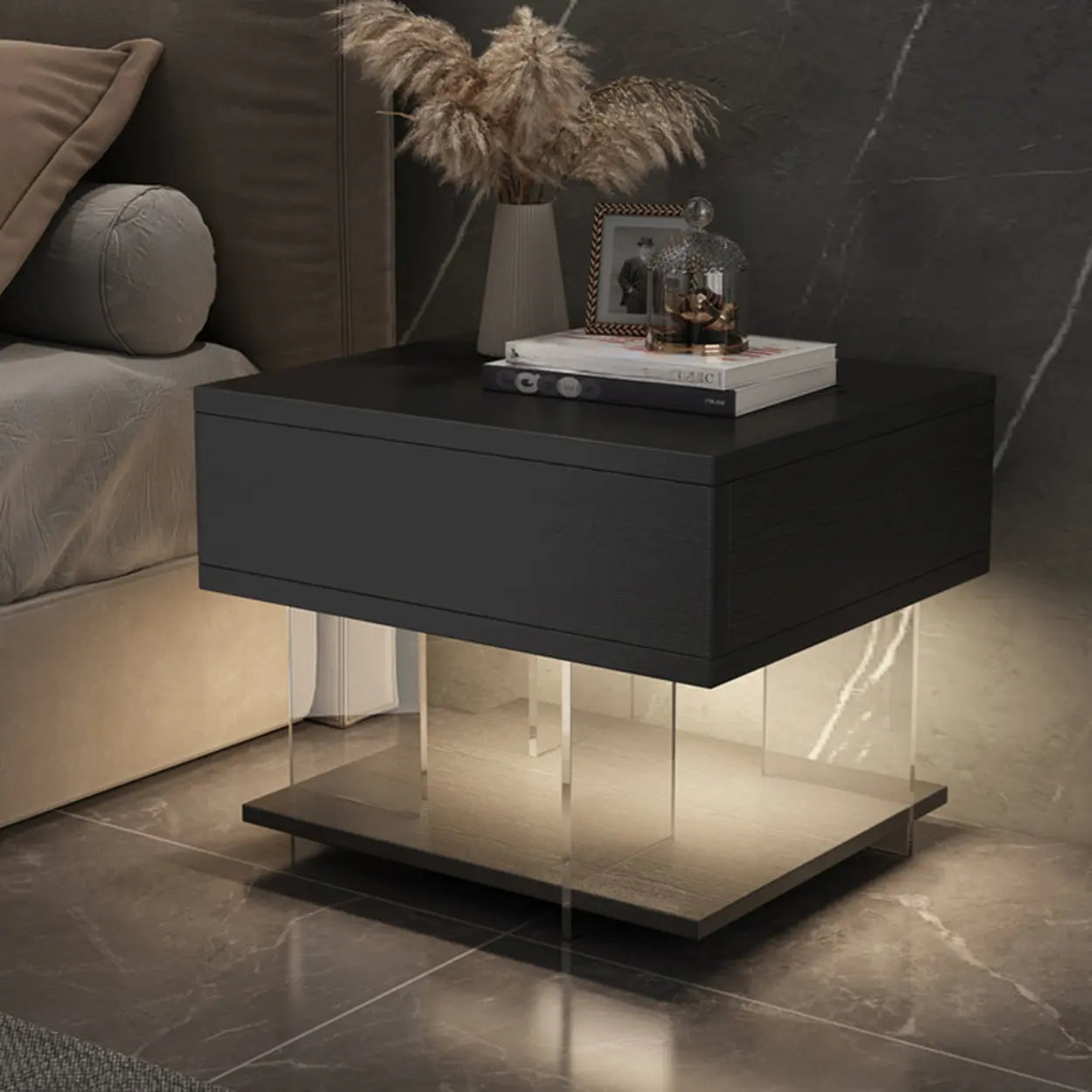 Modern Black Nightstand with LED and Acrylic Legs — Black