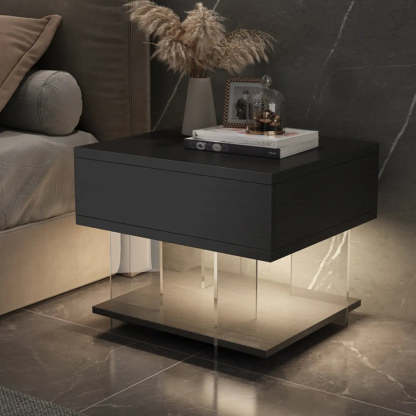 Modern Black Nightstand with LED and Acrylic Legs — Black