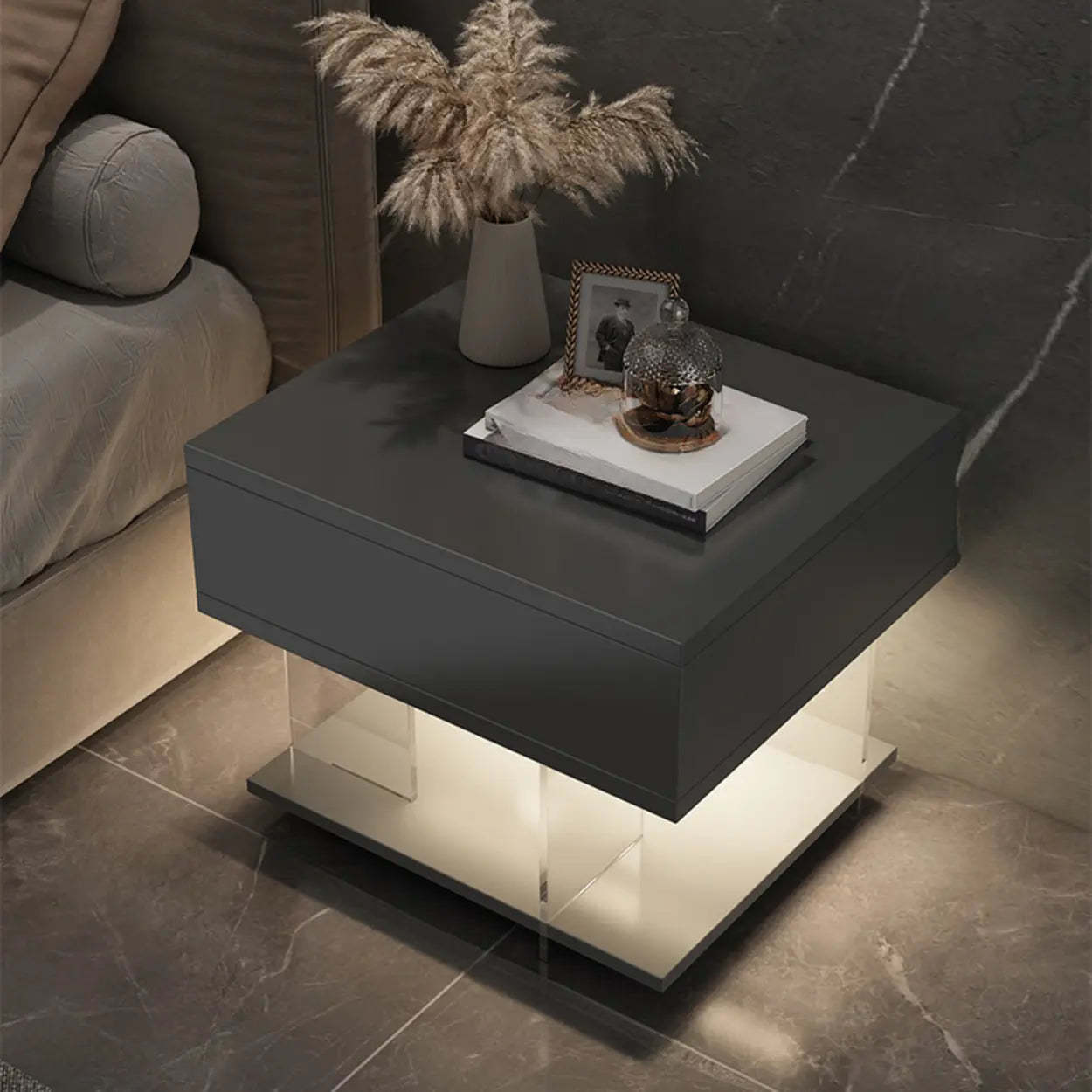 Modern Black Nightstand with LED and Acrylic Legs — Black