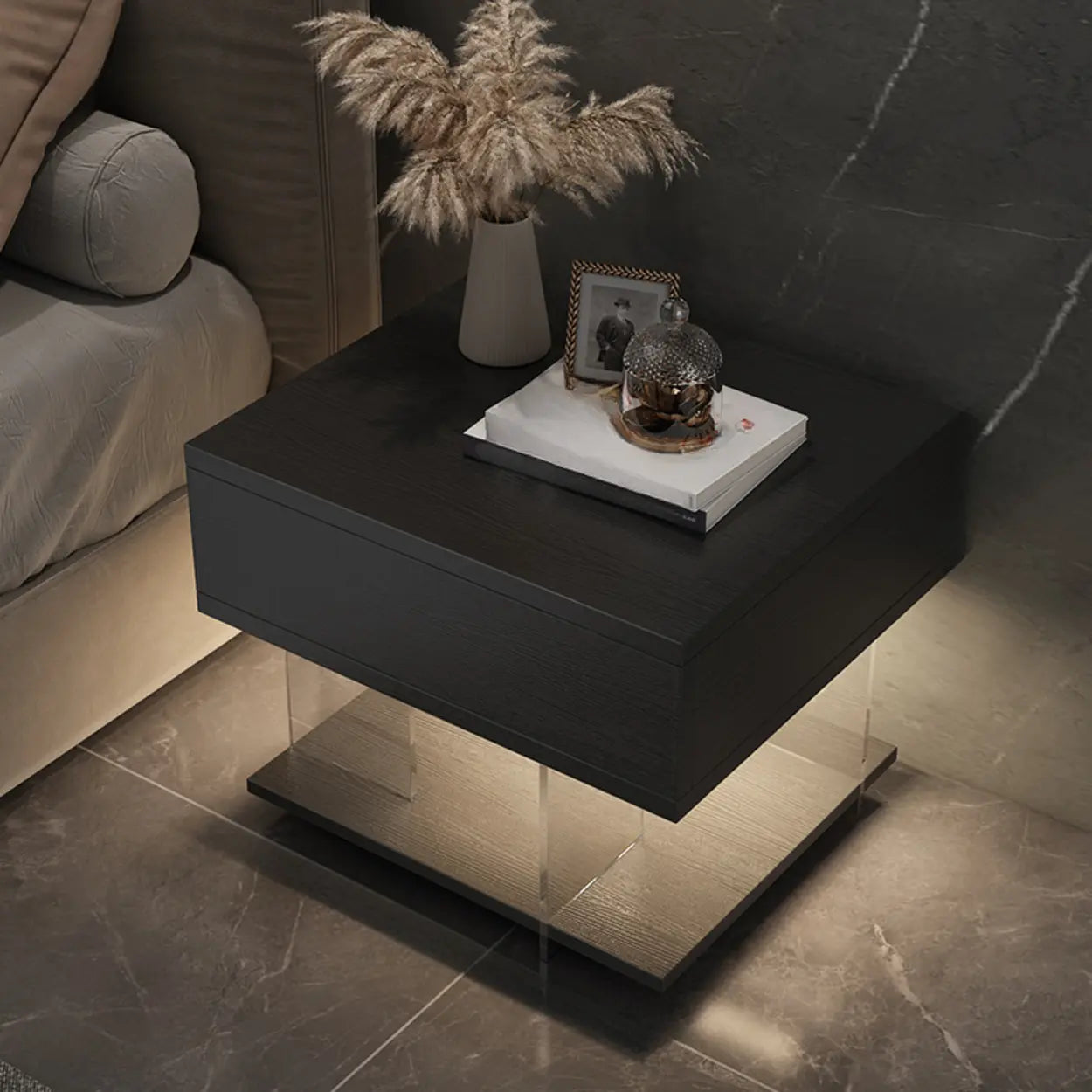 Modern Black Nightstand with LED and Acrylic Legs — Grey