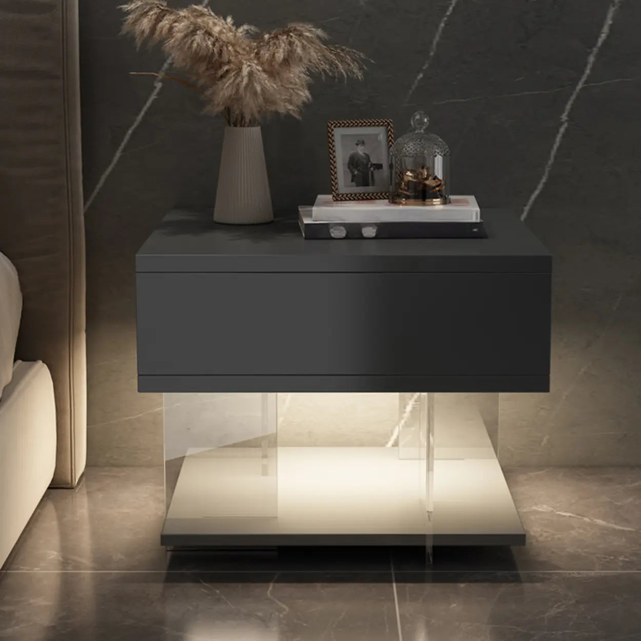 Modern Black Nightstand with LED and Acrylic Legs — Grey