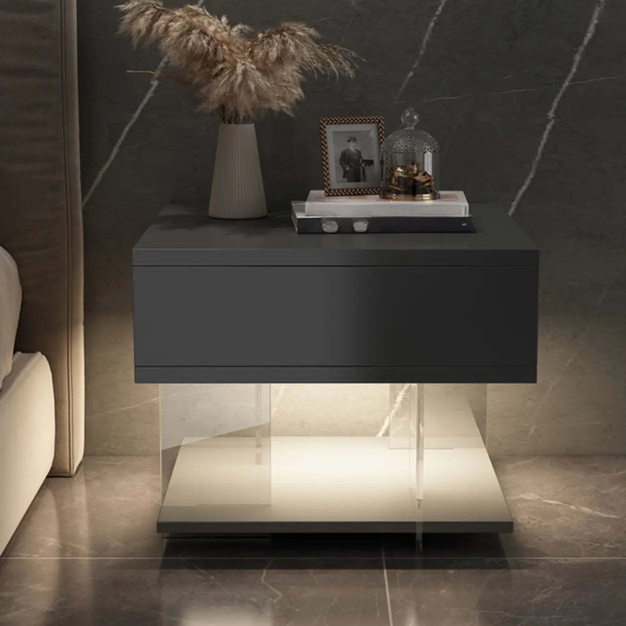 Modern Black Nightstand with LED and Acrylic Legs — Grey