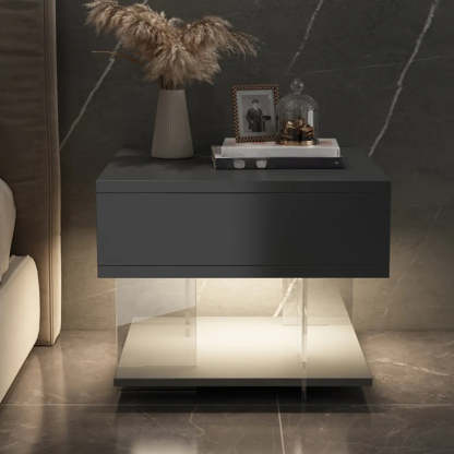 Modern Black Nightstand with LED and Acrylic Legs — Grey