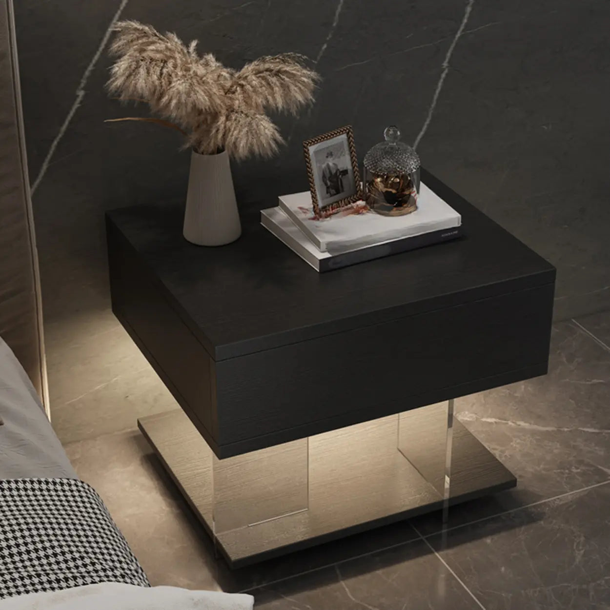 Modern Black Nightstand with LED and Acrylic Legs — Grey