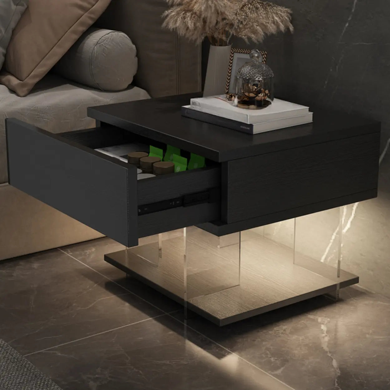 Modern Black Nightstand with LED and Acrylic Legs