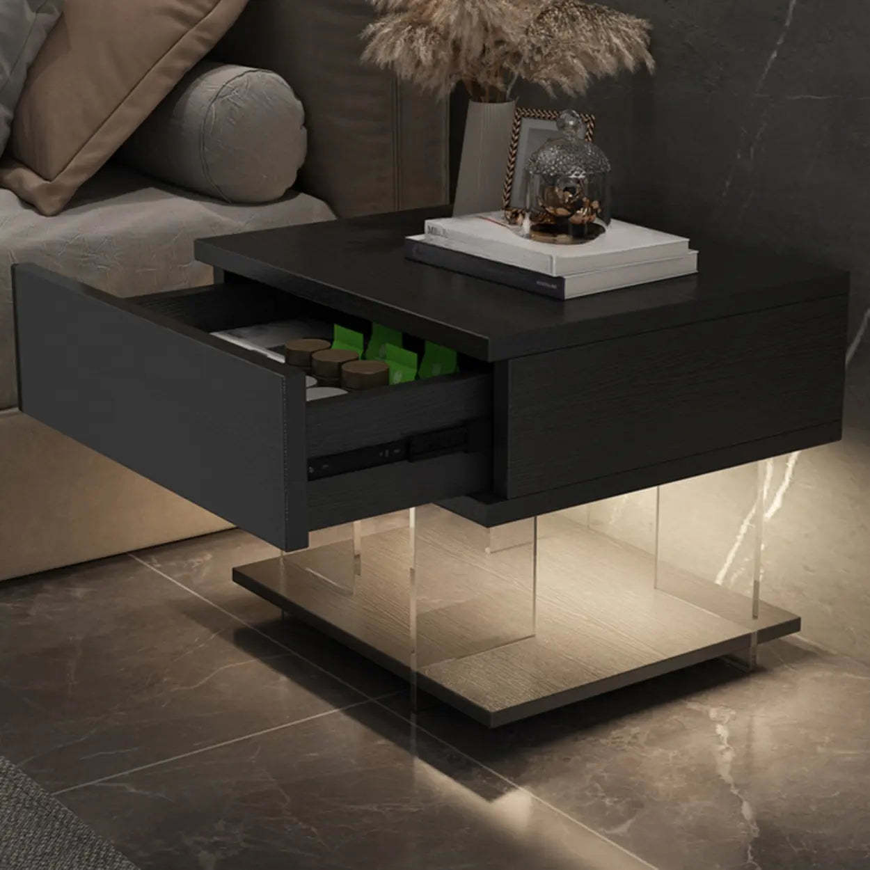Modern Black Nightstand with LED and Acrylic Legs