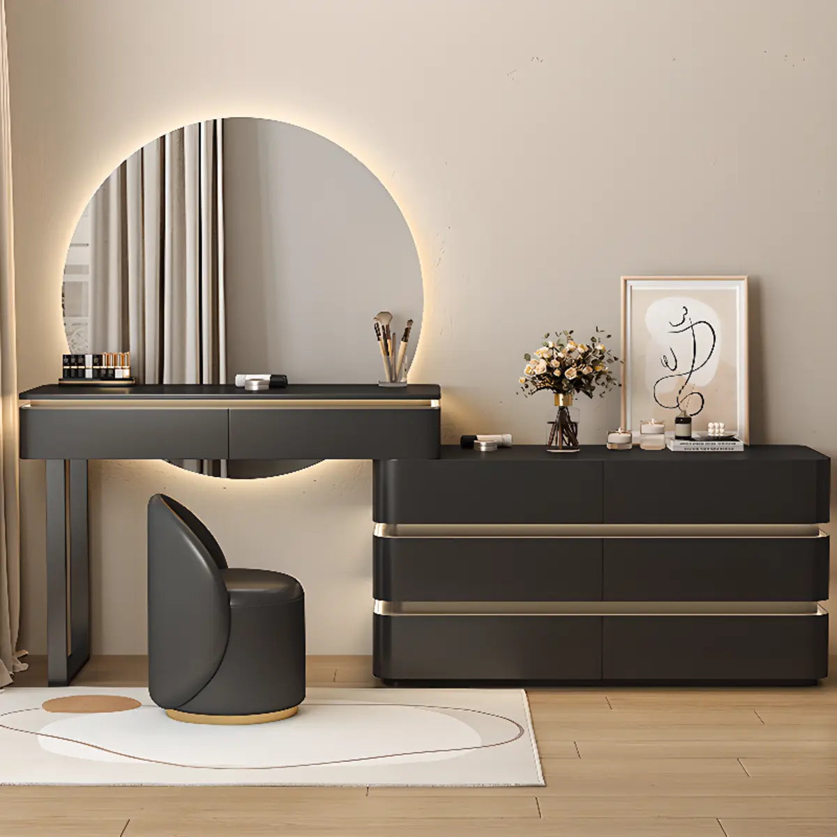 Modern Black Rectangular Wood Semicircle Mirror Vanity — Black