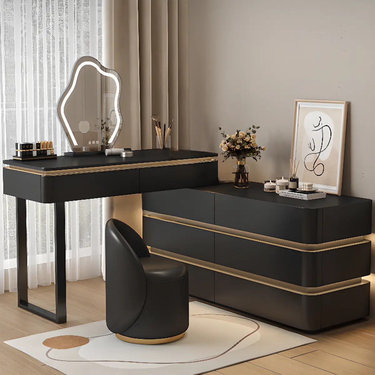 Modern Black Rectangular Wood Semicircle Mirror Vanity — Black