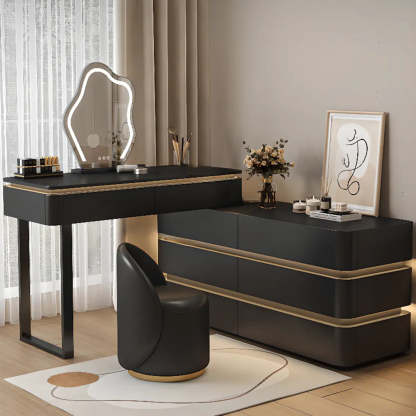 Modern Black Rectangular Wood Semicircle Mirror Vanity — Black