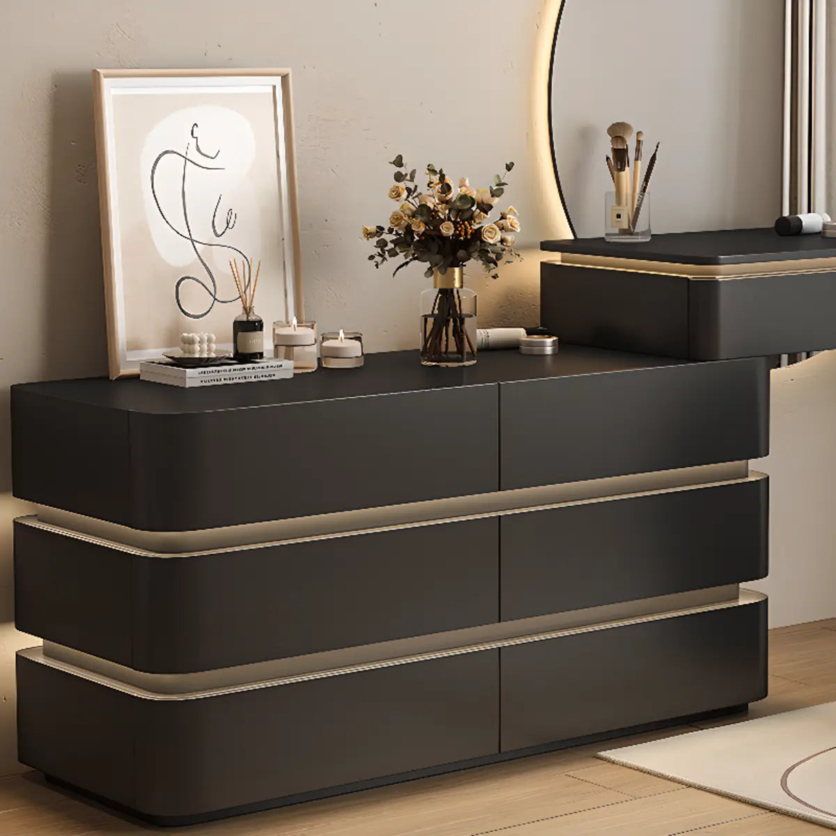 Modern Black Rectangular Wood Semicircle Mirror Vanity — Black