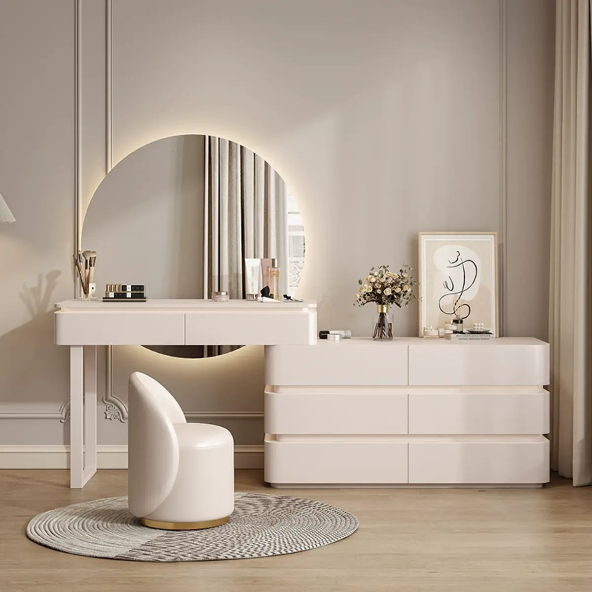 Modern Black Rectangular Wood Semicircle Mirror Vanity — White