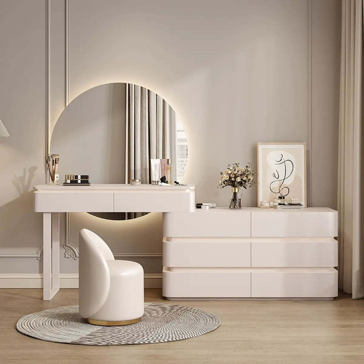 Modern Black Rectangular Wood Semicircle Mirror Vanity — White