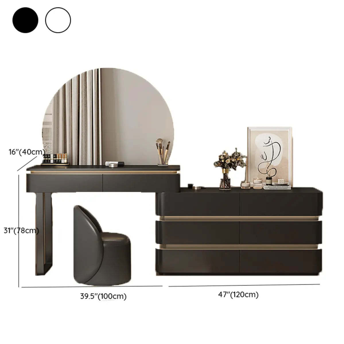 Modern Black Rectangular Wood Semicircle Mirror Vanity