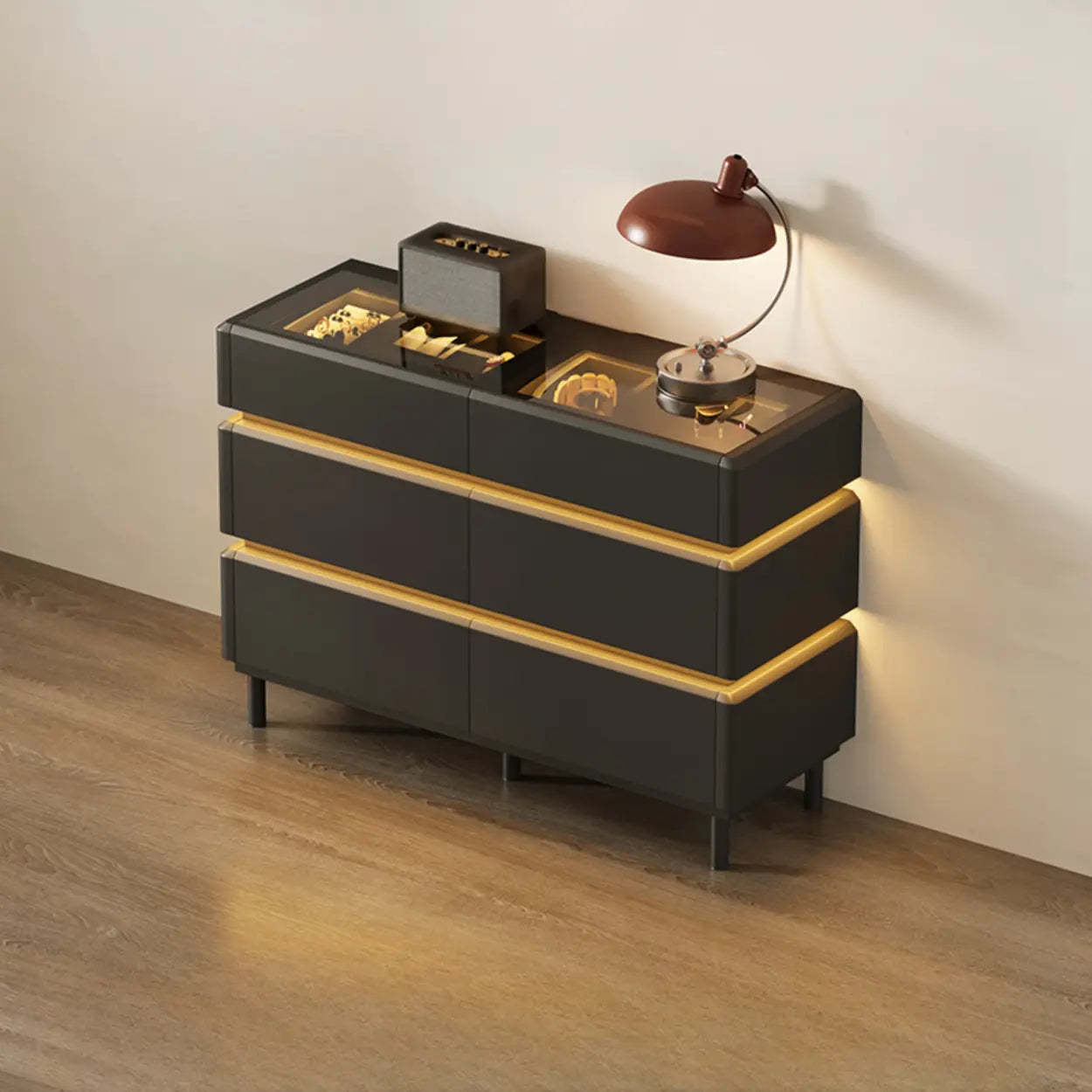 Modern Black LED TV Stand with Drawers — Black