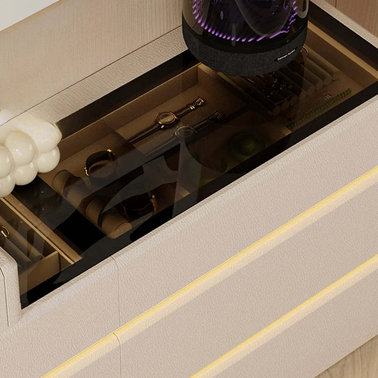Modern Black LED TV Stand with Drawers — Cream
