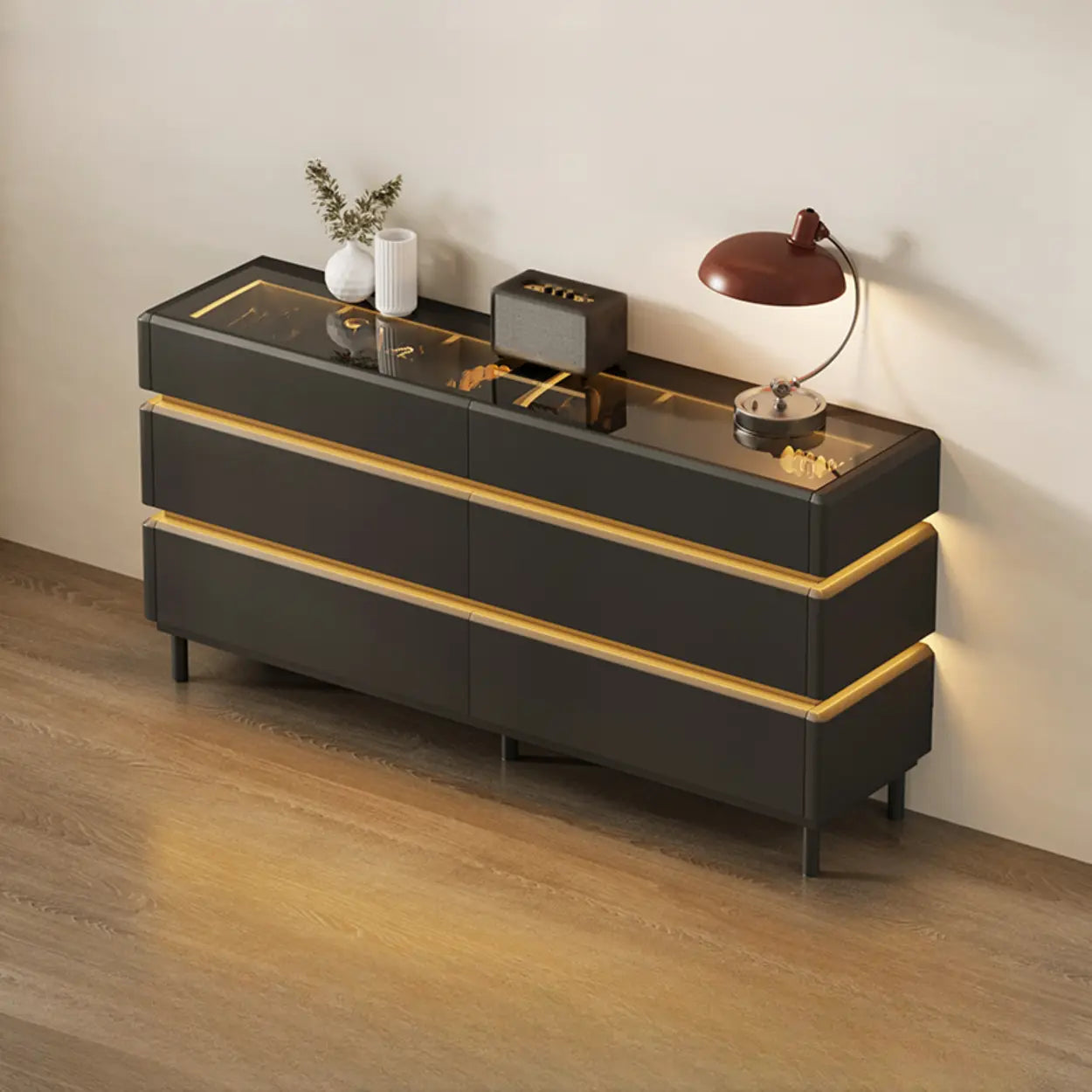Modern Black LED TV Stand with Drawers — Black