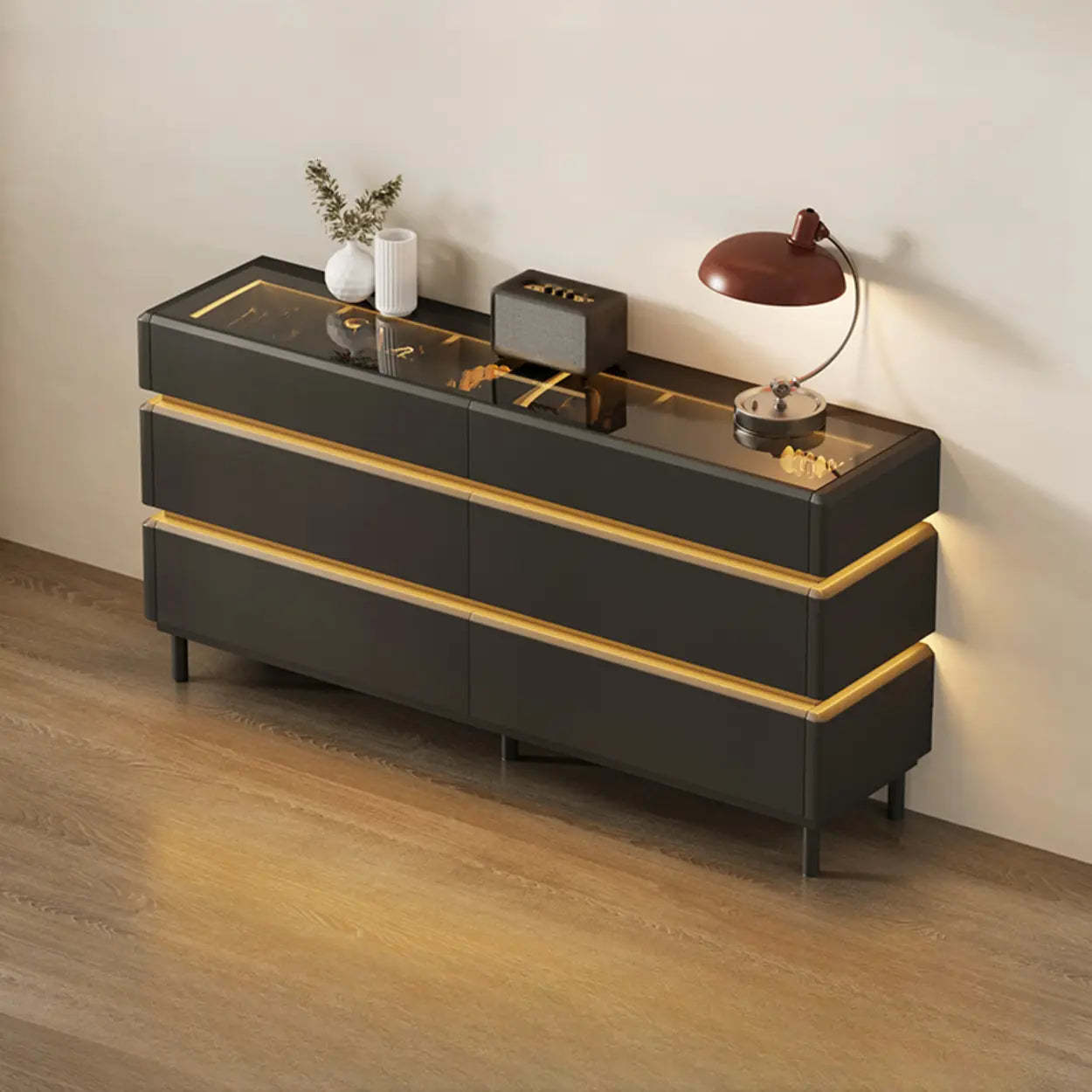 Modern Black LED TV Stand with Drawers — Black